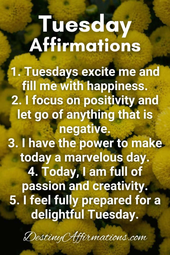 Tuesday Affirmations 1. Tuesdays excite me and fill me with happiness. 2. I focus on positivity and let go of anything that is negative. 3. I have the power to make today a marvelous day. 4. Today, I am full of passion and creativity. 5. I feel fully prepared for a delightful Tuesday.